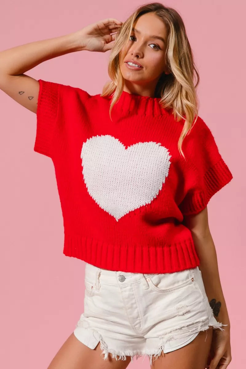 Red BiBi Rib Banded Heart Pattern Valentines Sweater