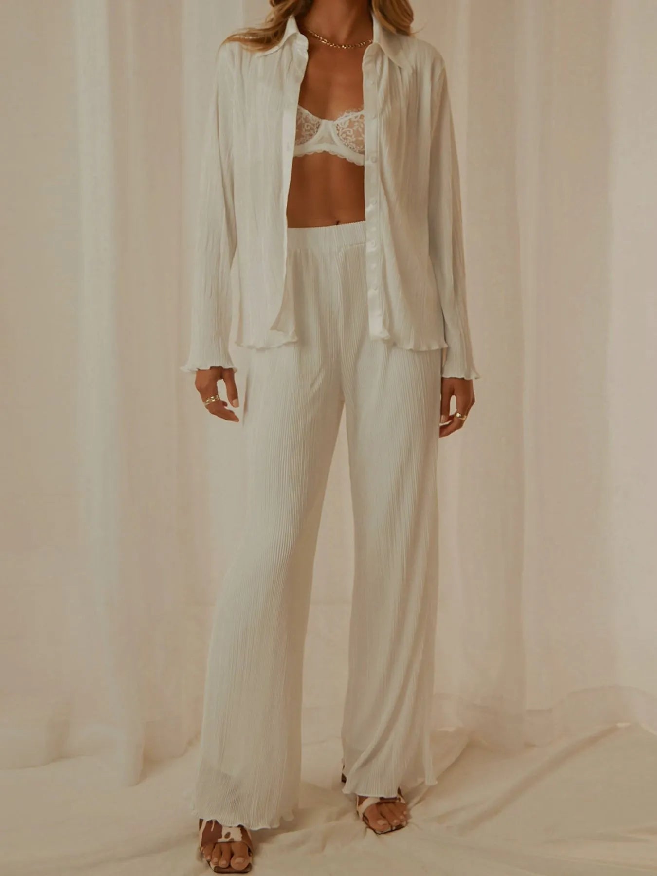 Button Up Long Sleeve Top and Pants Set | Loungewear Sets Daverri Fashions