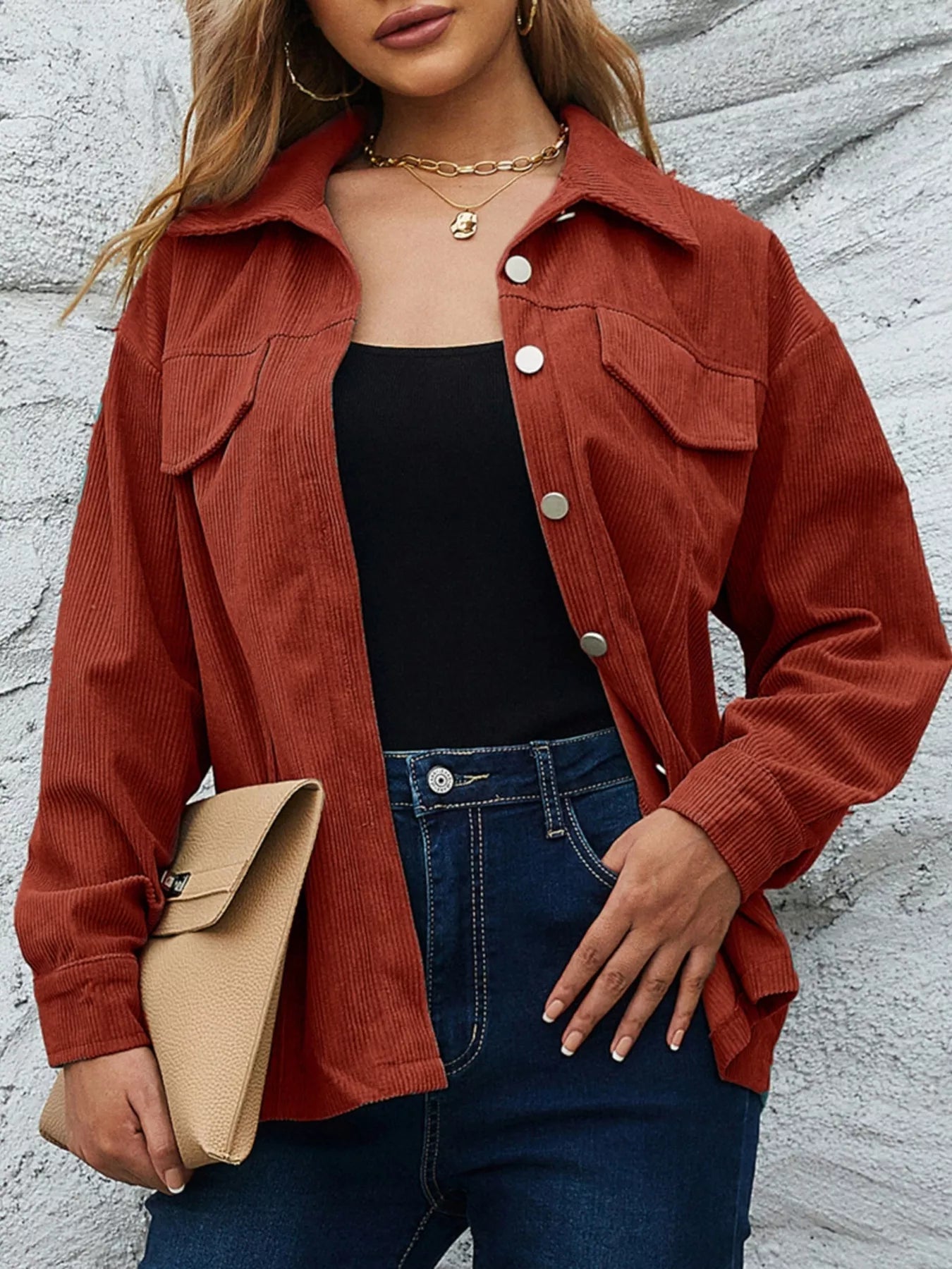 Rust Corduroy Button-Down Shacket | Shackets Daverri Fashions