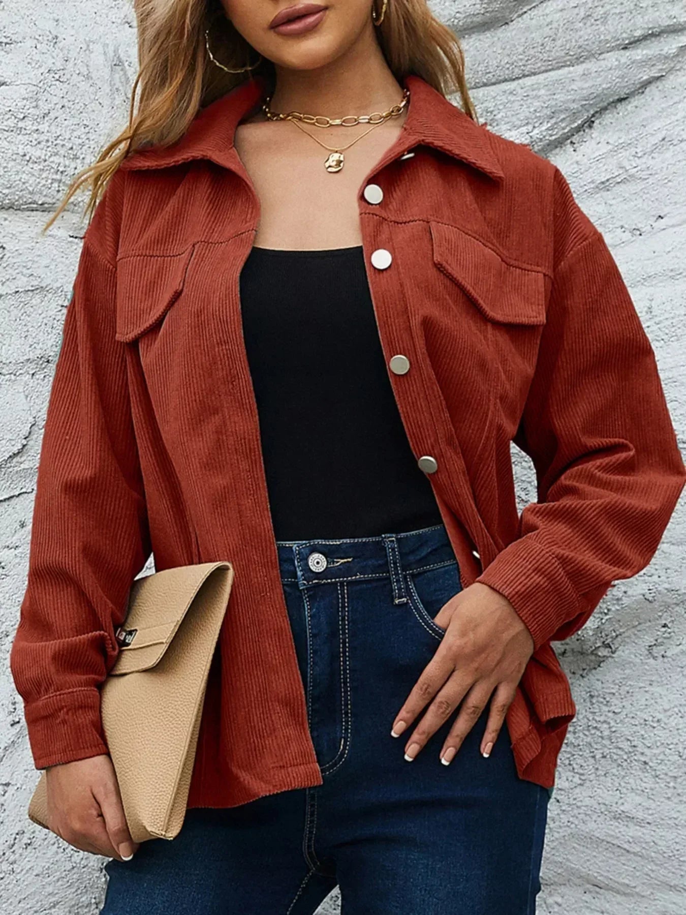 Corduroy Button-Down Shacket - DAVERRI FASHIONS