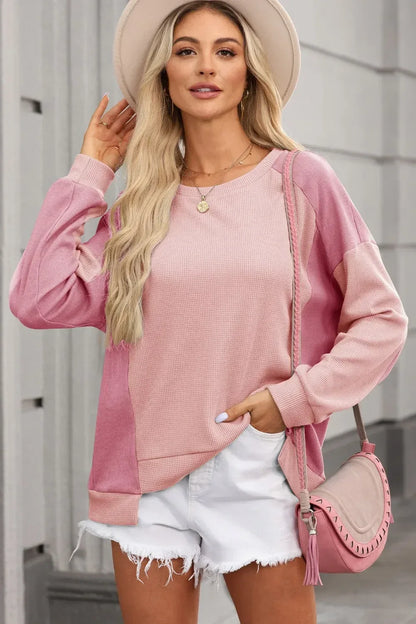 Blush Pink Round Neck Long Sleeve Sweatshirt - DAVERRI FASHIONS