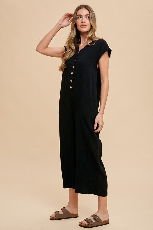 Annie Wear Button Detail Wide Leg Jumpsuit with Pockets Jumpsuits