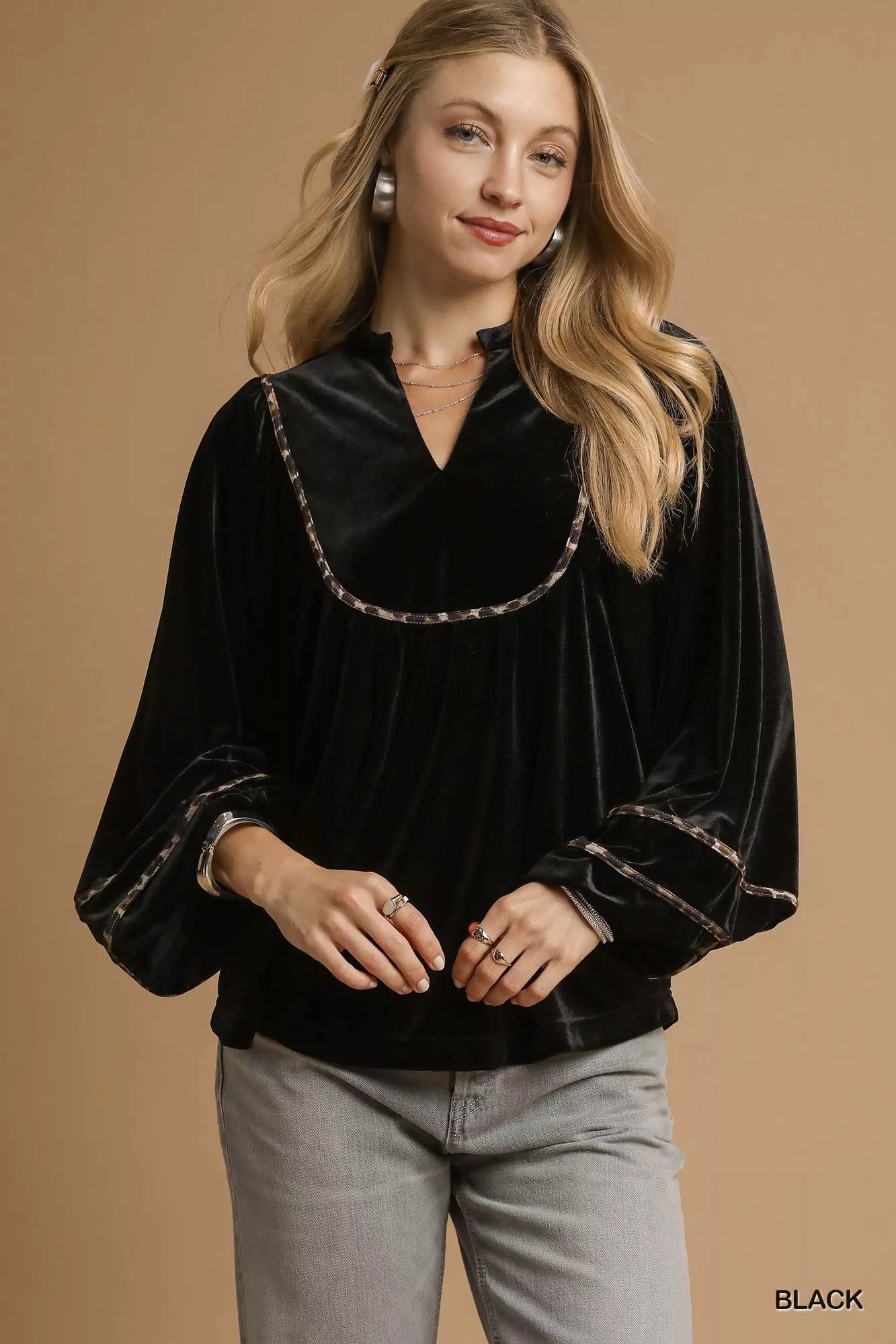 Black Umgee Velvet Long Sleeve Blouse with Contrast Trim | Blouses Daverri Fashions