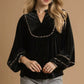 Umgee Velvet Long Sleeve Blouse with Contrast Trim - DAVERRI FASHIONS