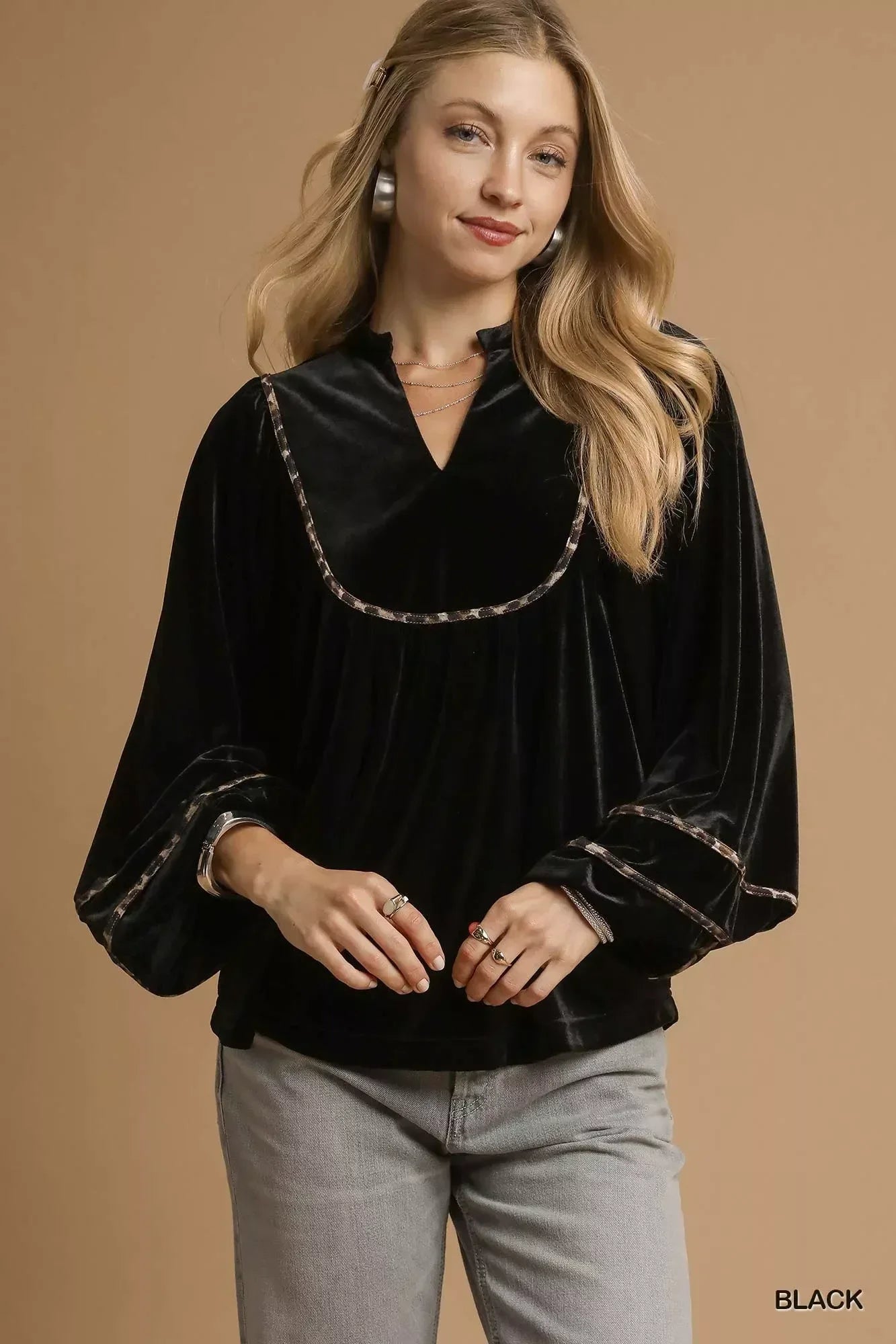 Umgee Velvet Long Sleeve Blouse with Contrast Trim - DAVERRI FASHIONS
