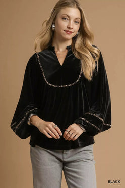 Umgee Velvet Long Sleeve Blouse with Contrast Trim - DAVERRI FASHIONS