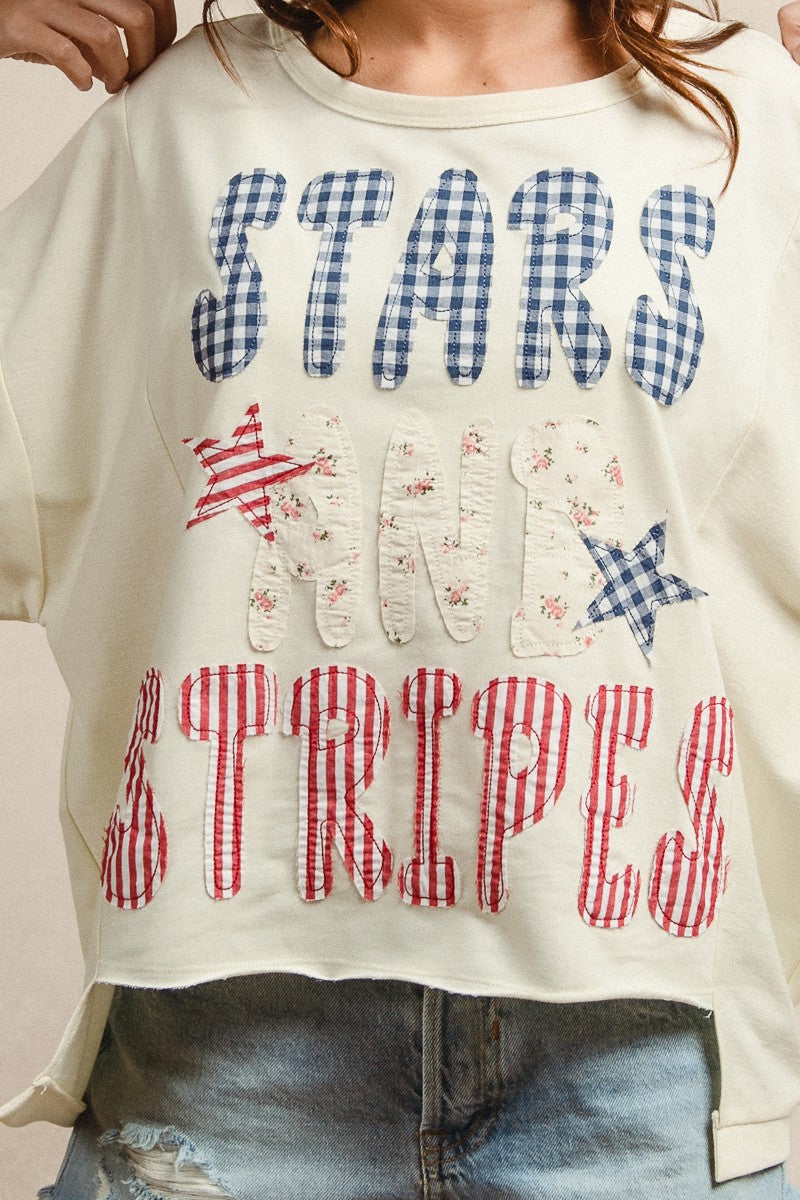Cream oversized BiBi patchwork T-shirt with stars, stripes, gingham lettering