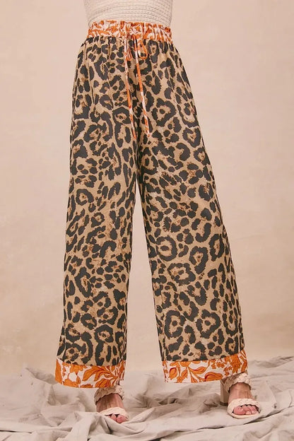BiBi Leopard Print With Contrast Banded Wide Pants - DAVERRI FASHIONS
