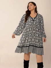 Black Plus Size Lace Detail Printed Balloon Sleeve Dress | Daverri Fashions
