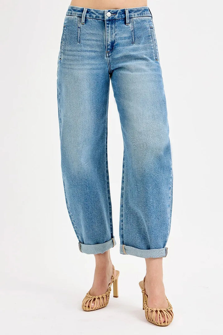 RISEN Full Size Mid Rise Fit Barrel Roll Up Jeans Jeans