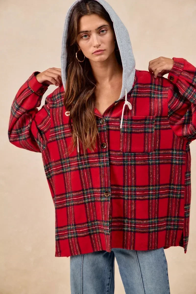 BiBi Brushed Plaid Hooded Jacket - DAVERRI FASHIONS
