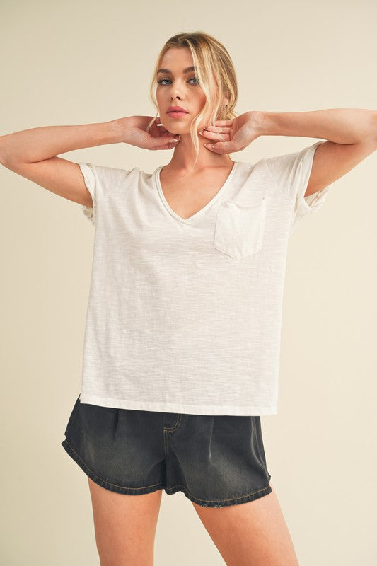 Aemi + Co White Side Slit V-Neck Short Rolled Sleeve T-Shirt White T-Shirts