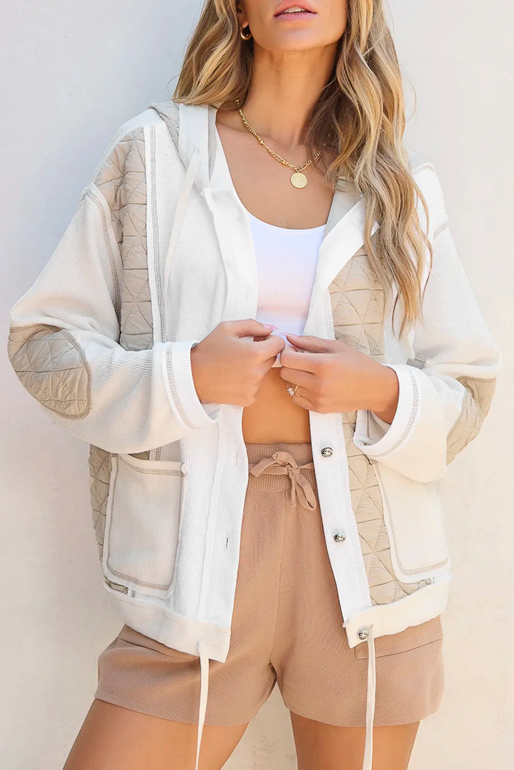 White Drawstring Color Block Long Sleeve Jacket | Jackets Daverri Fashions