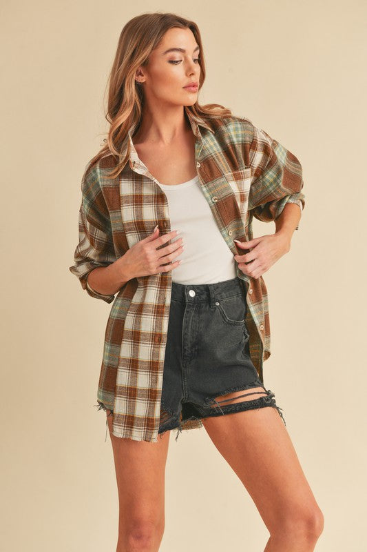 Aemi + Co Frayed Hem Plaid Button Up Flannel Shirt Shirts