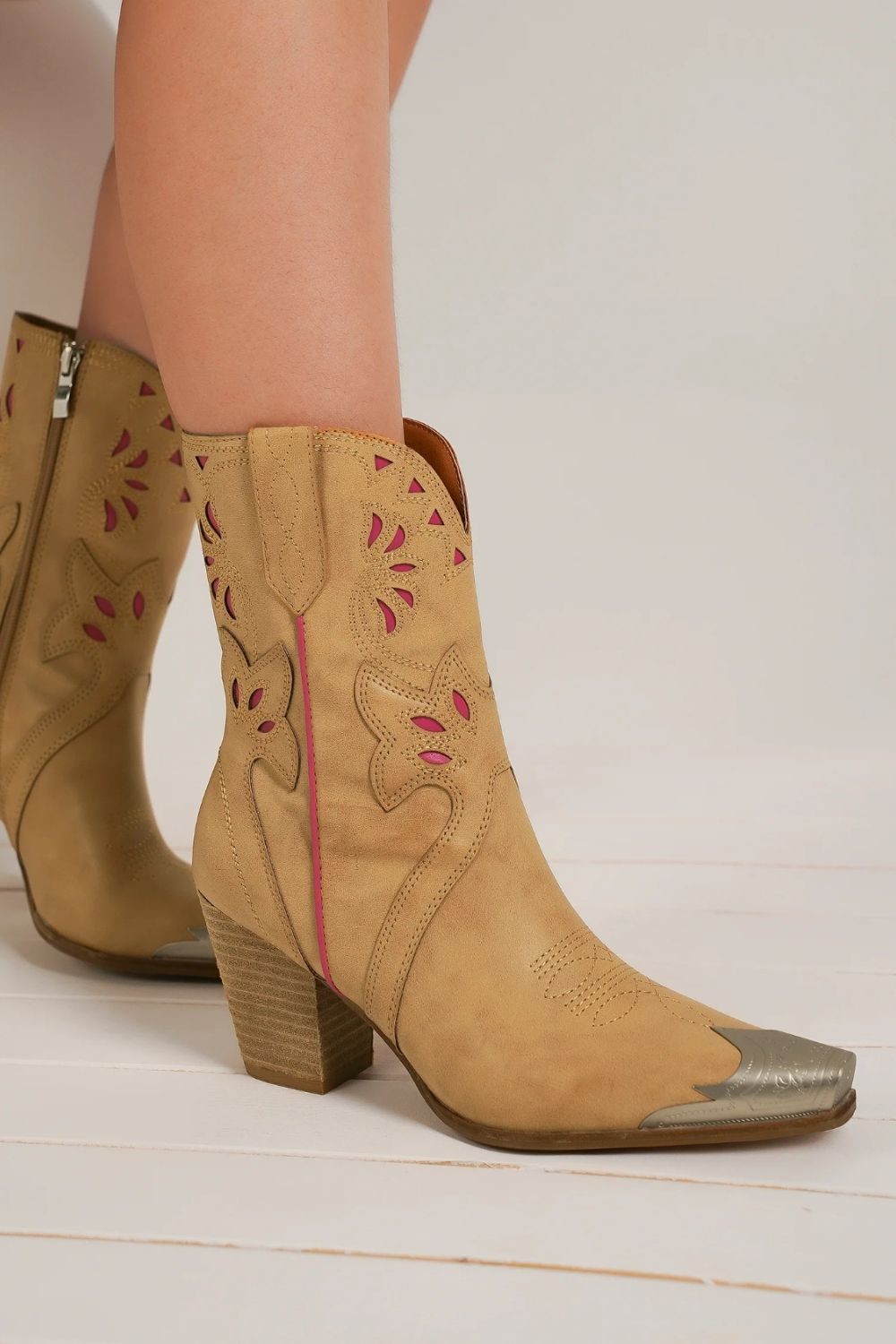 Beast Fashion Cut-Out Floral Embroidery Boots Camel Footwear