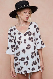 BiBi Leopard Printed V Neck Woven Top with Ruffled | Blouses Daverri Fashions