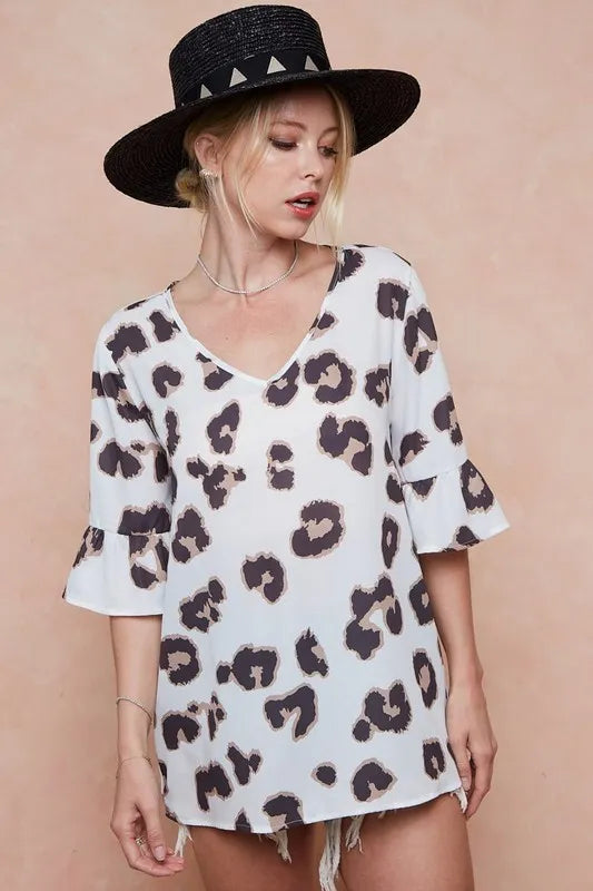 BiBi Leopard Printed V Neck Woven Top with Ruffled | Blouses Daverri Fashions