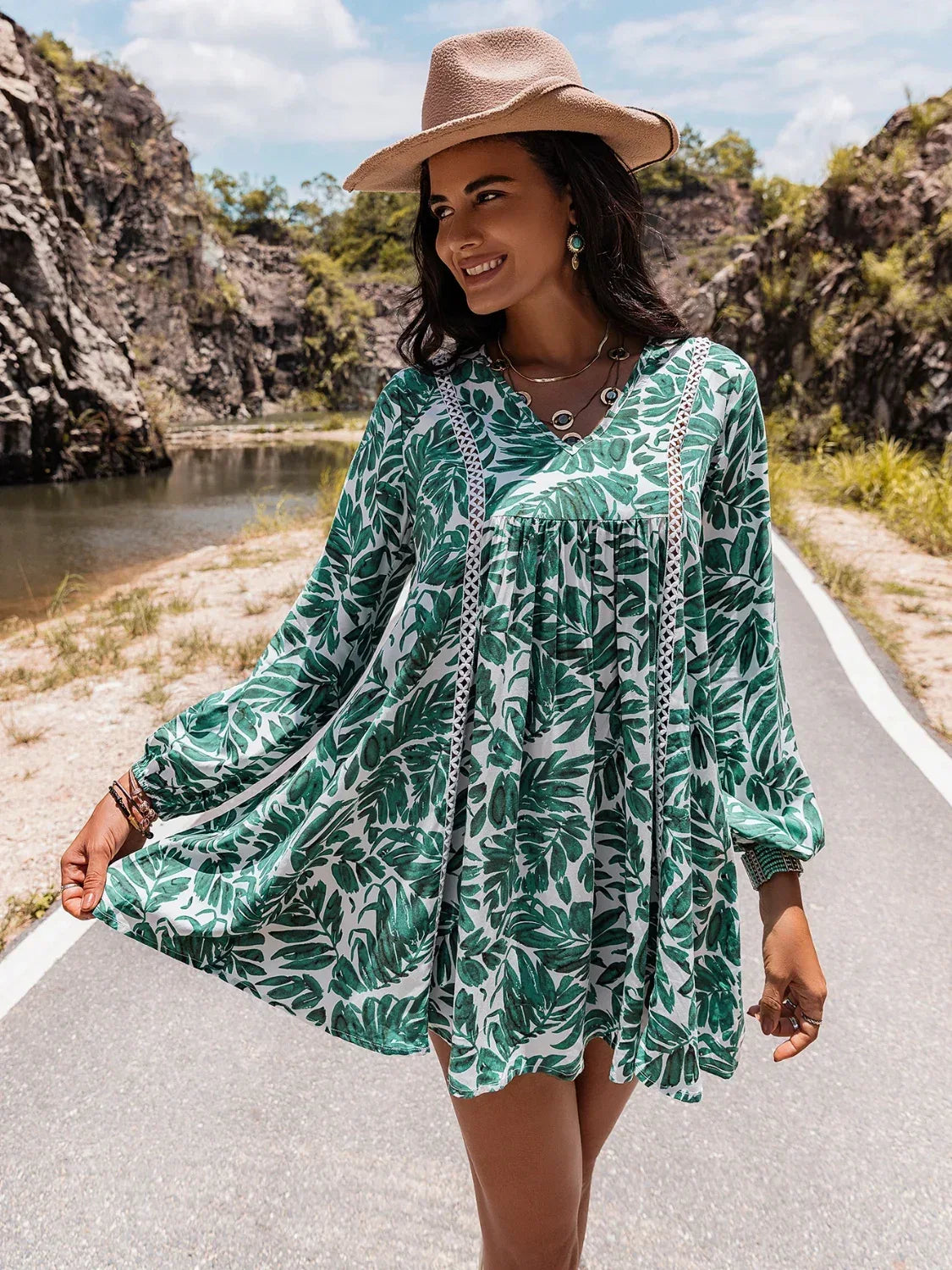 Long Sleeve V-Neck Mini Dress - DAVERRI FASHIONS