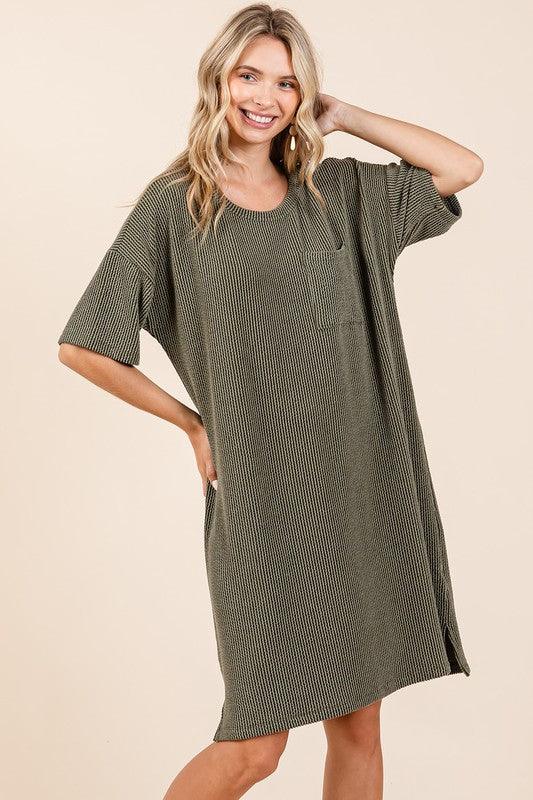 Mittoshop Urban Rib Knit Short Sleeve Tee Dress Army Green M