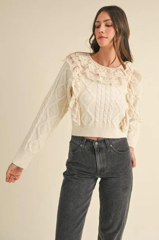 MABLE Ruffled Lace Crochet Sweater - DAVERRI FASHIONS