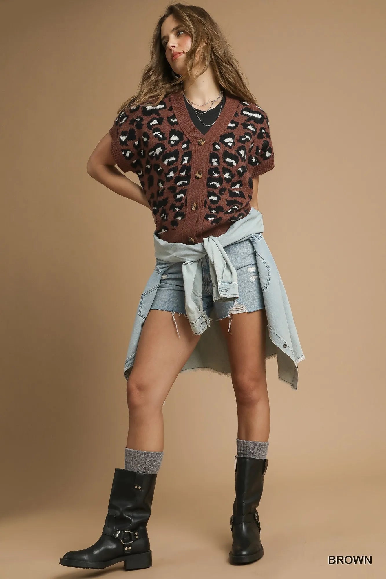 Umgee Leopard Button Down Short Sleeve Cardigan | Cardigans Daverri Fashions