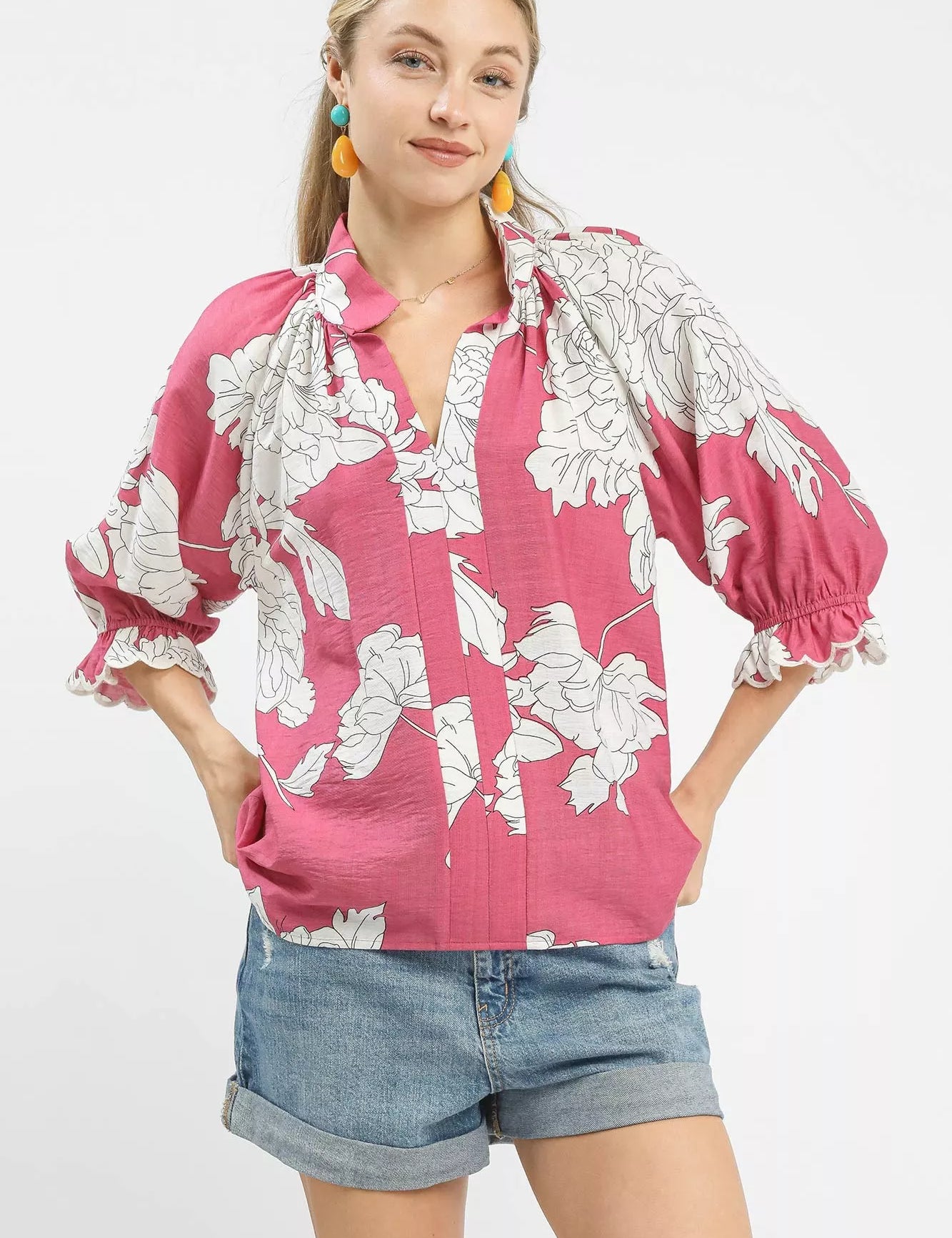 ROSE Umgee Peony Illustration Print Flounce Sleeve Blouse | Blouses Daverri Fashions