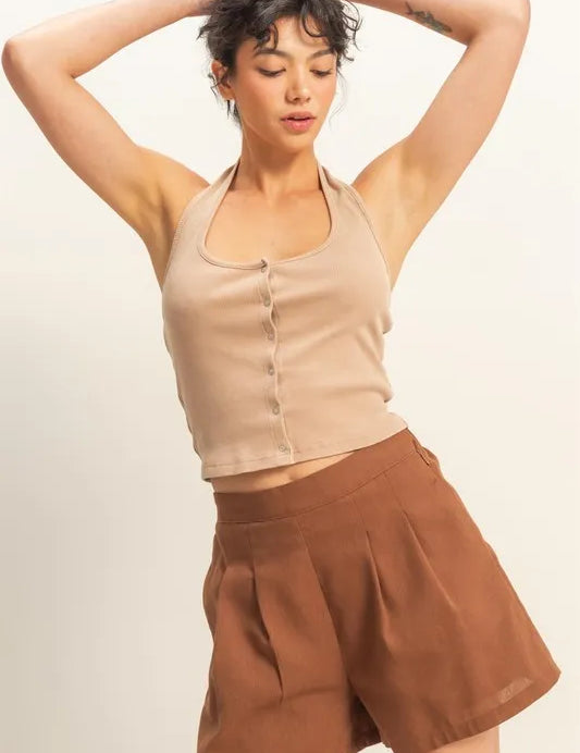 HYFVE Halter Neck Buttoned Washed Top | Tops Daverri Fashions