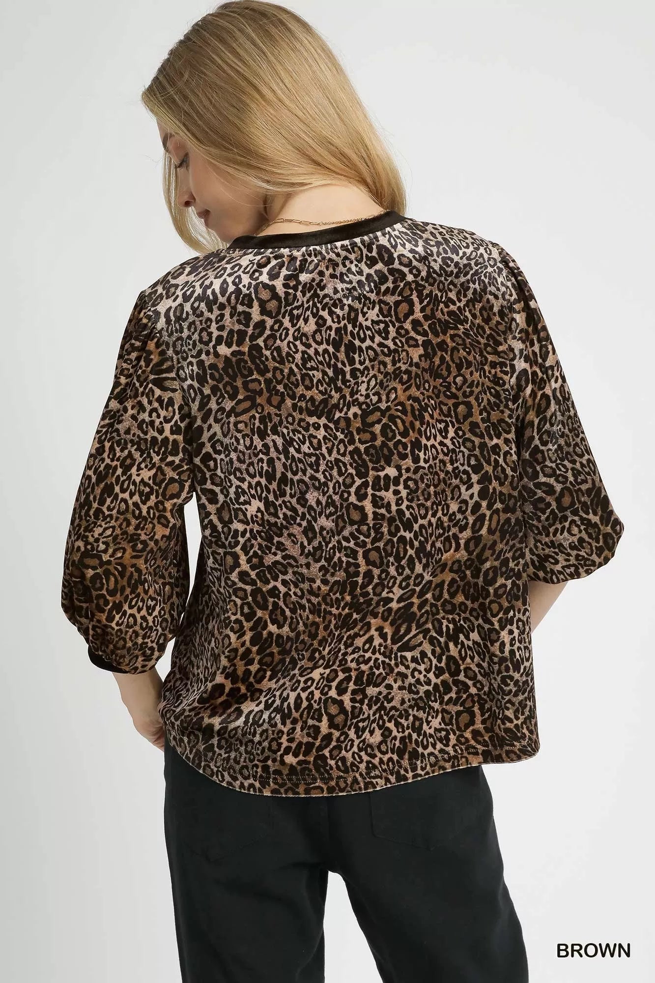 Umgee Leopard Round Neck Three-Quarter Sleeve Blouse | Blouses Daverri Fashions