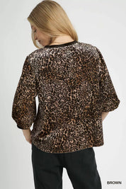 Umgee Leopard Round Neck Three-Quarter Sleeve Blouse | Blouses Daverri Fashions