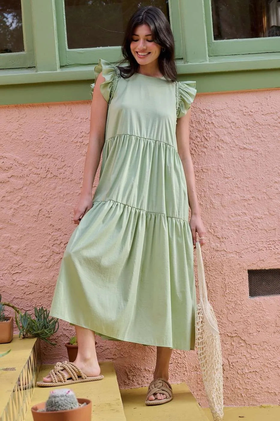 Mittoshop sage green ruffle sleeveless tiered maxi dress