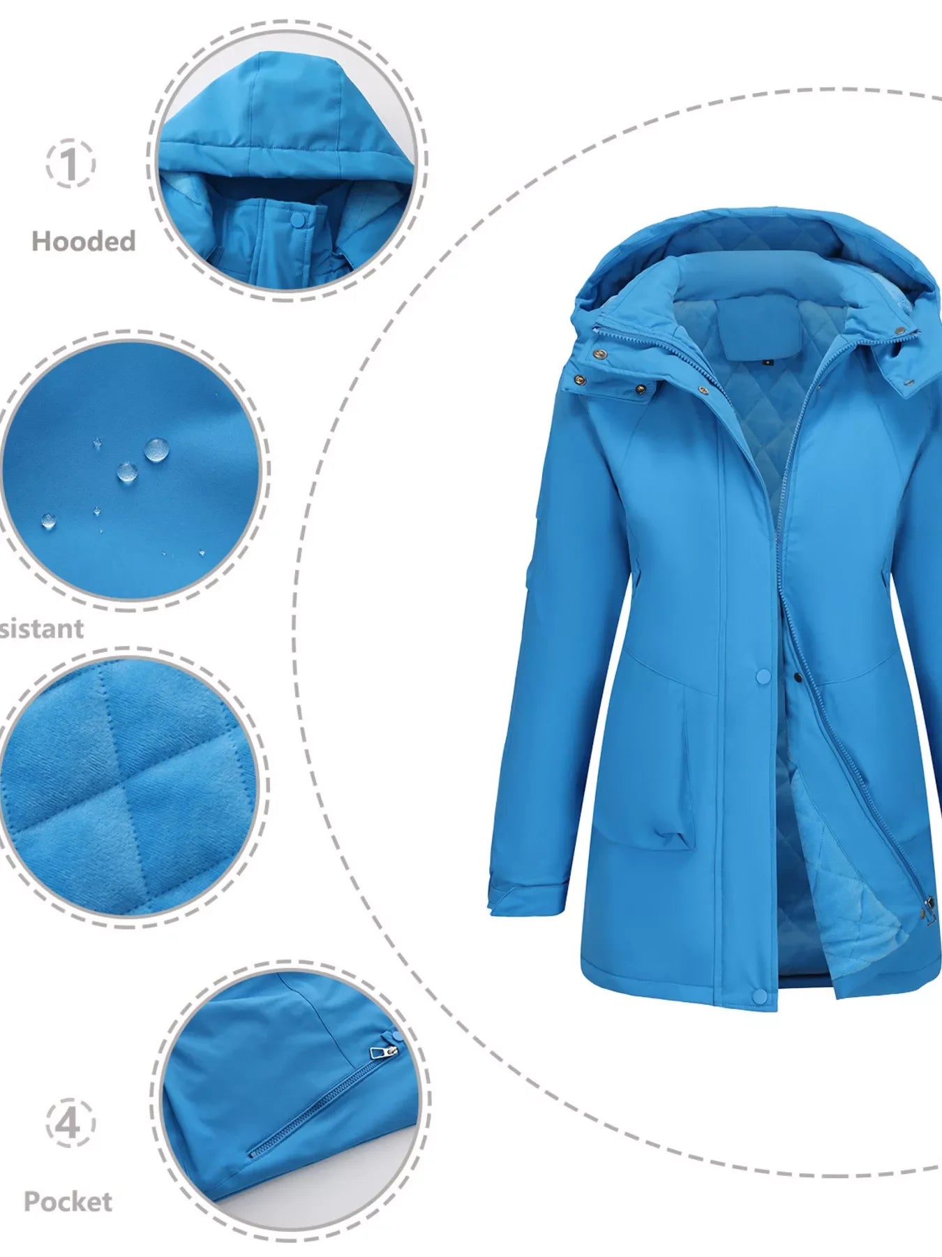 Bright blue Daverri Fashions hooded windproof plus size parka