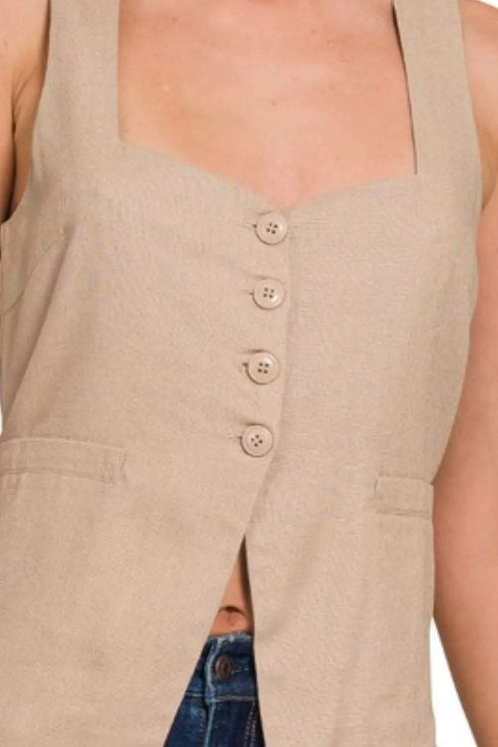 Zenana Linen Tie-back 4-button Vest with Lining Vests