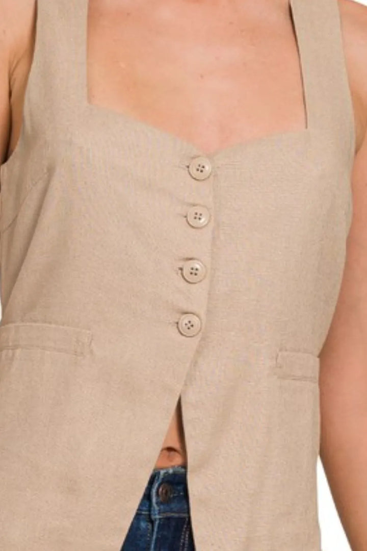 Zenana Linen Tie-back 4-button Vest with Lining Vests
