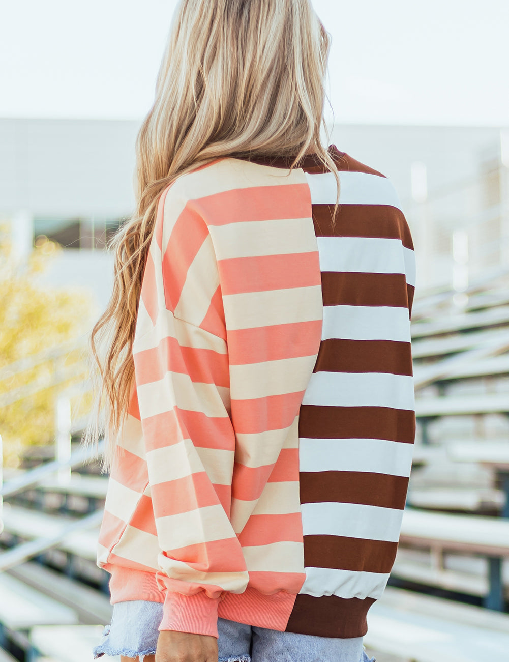 Brown Stripe Color Block Drop Shoulder Pullover Sweatshirt | Sweatshirts Daverri Fashions