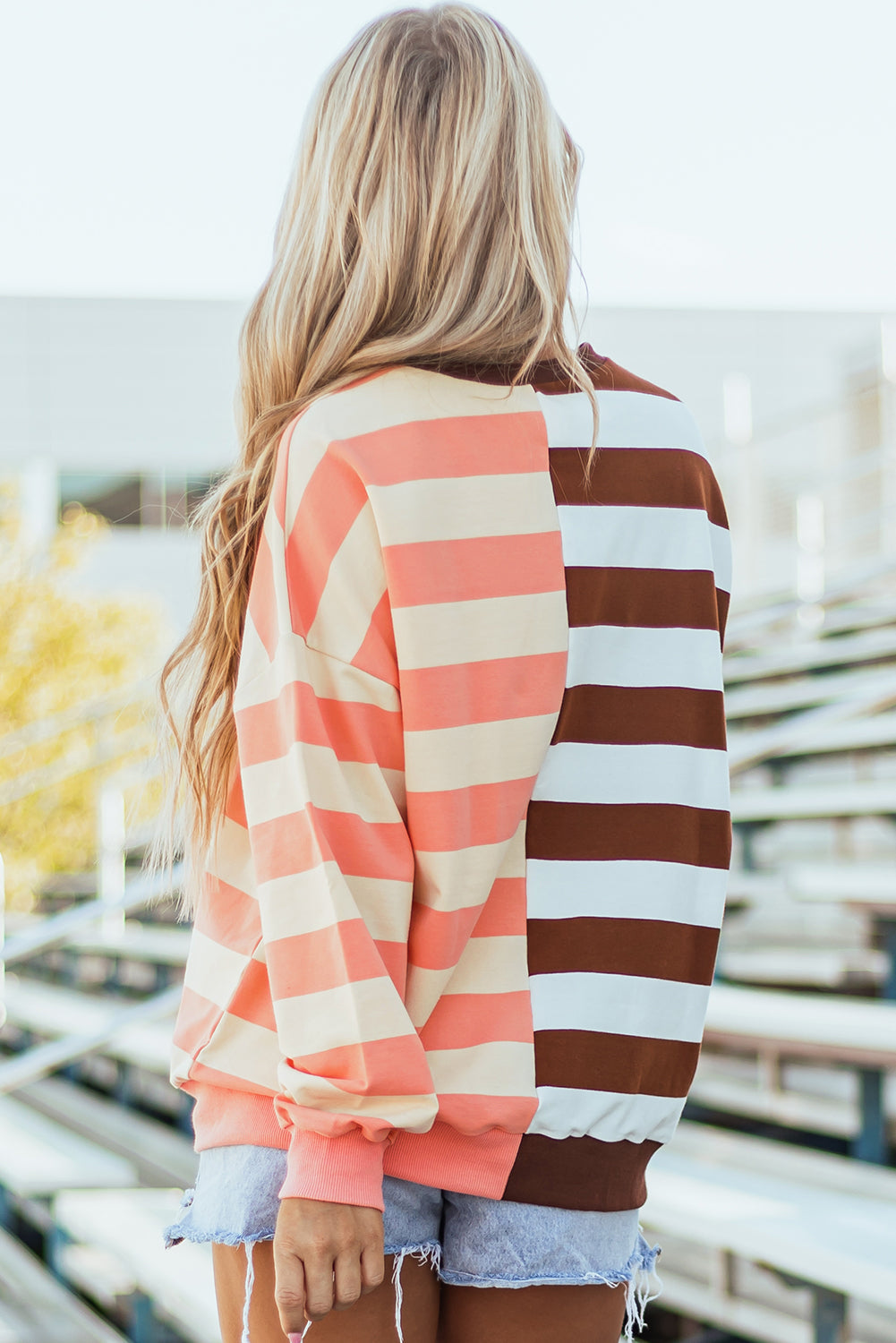Brown Stripe Color Block Drop Shoulder Pullover Sweatshirt | Sweatshirts Daverri Fashions
