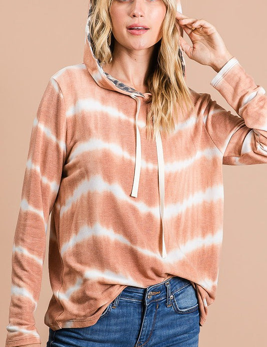 RUST BiBi Tie Dye Stripe Terry Drawstring Hoodie With Leopard | Hoodies Daverri Fashions