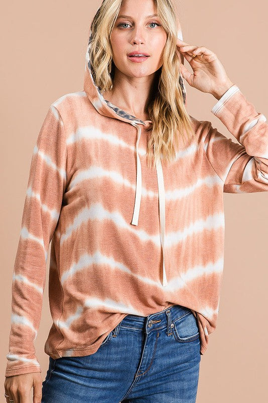 BiBi Tie Dye Stripe Terry Drawstring Hoodie With Leopard RUST