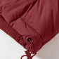 Rich burgundy drawstring zip-up hooded puffer vest coat with quilted design