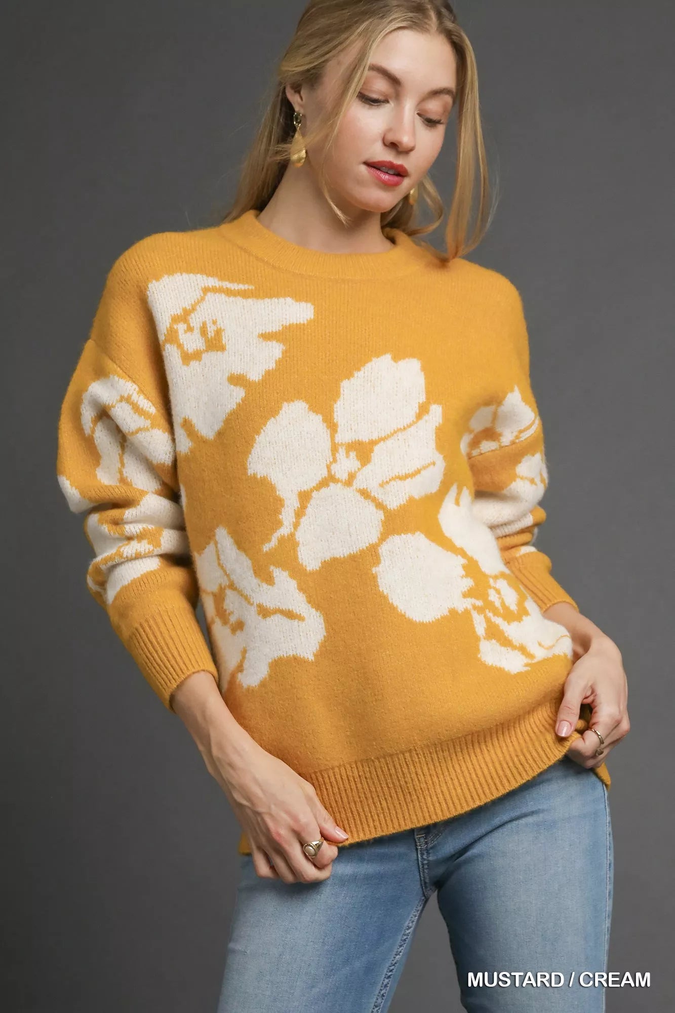 MUSTARD CREAM Umgee Floral Long Sleeve Sweater Mustard | Sweaters Daverri Fashions