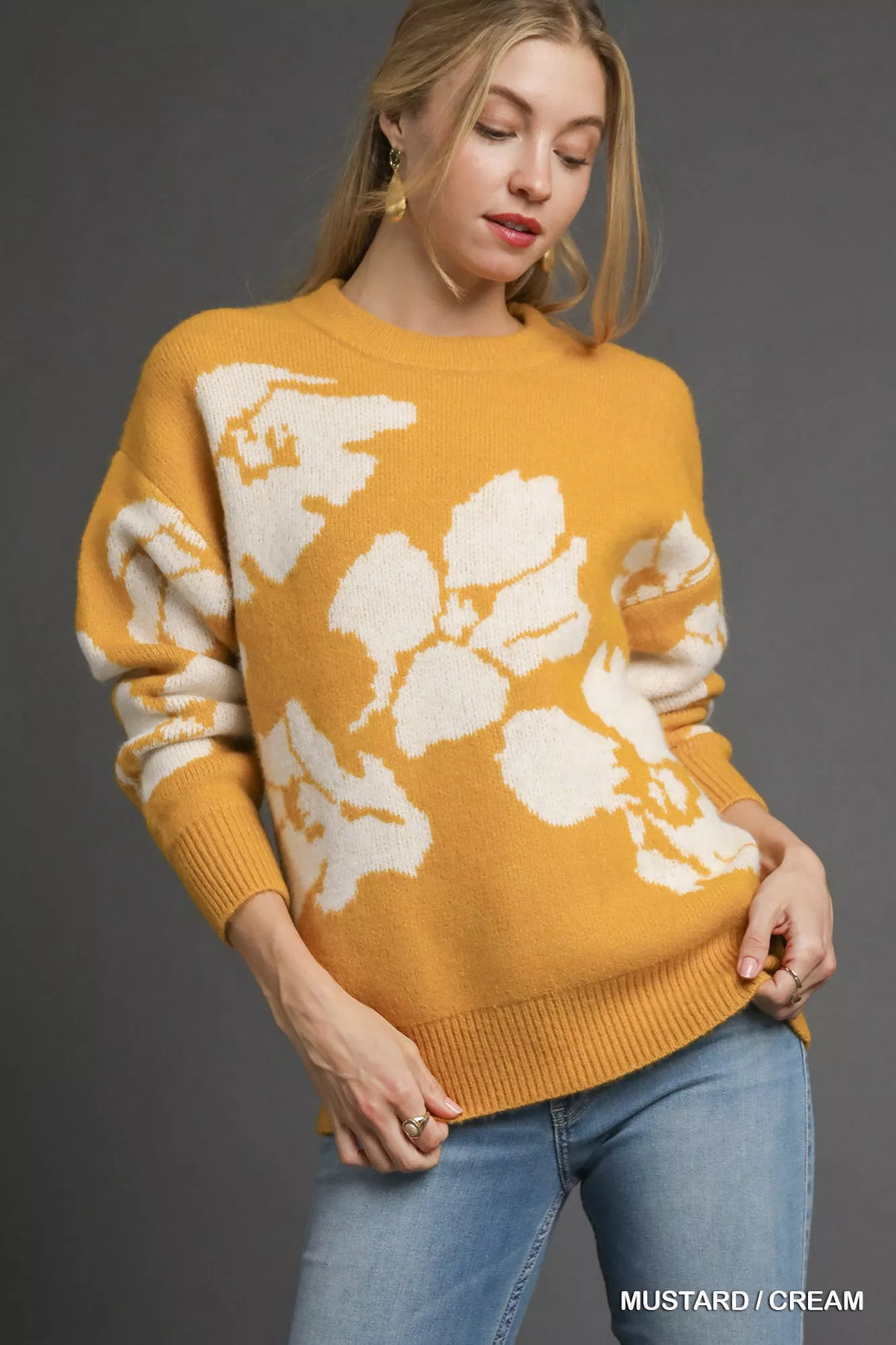 MUSTARD CREAM Umgee Floral Long Sleeve Sweater | Sweaters Daverri Fashions