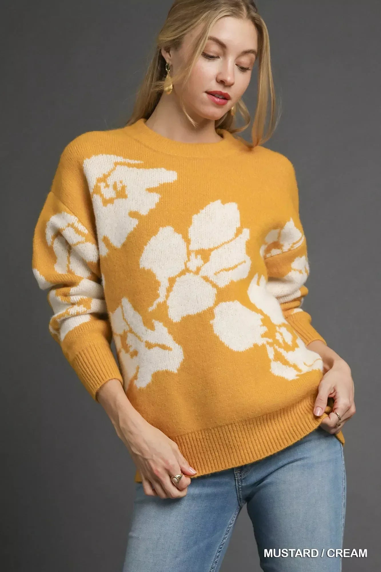 Umgee Floral Long Sleeve Sweater Mustard - DAVERRI FASHIONS