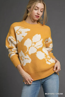 Umgee Floral Long Sleeve Sweater Mustard - DAVERRI FASHIONS