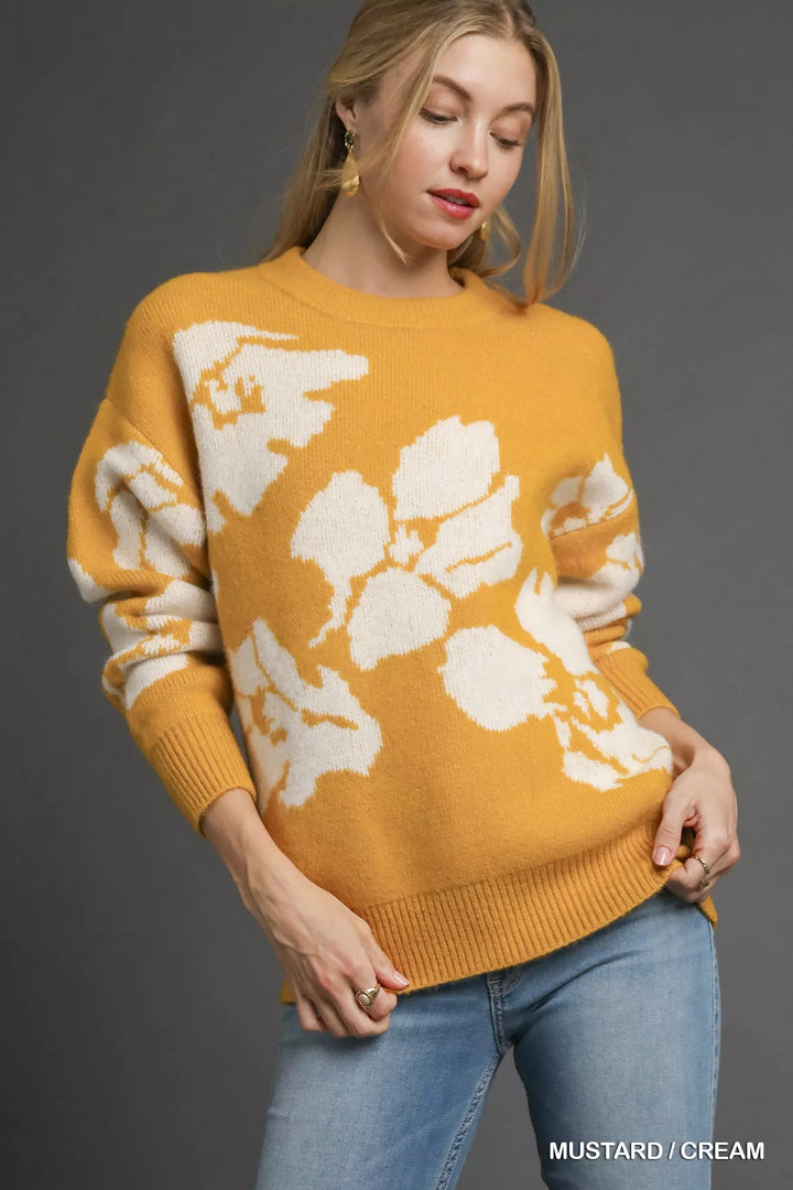 MUSTARD CREAM Umgee Floral Long Sleeve Sweater | Sweaters Daverri Fashions