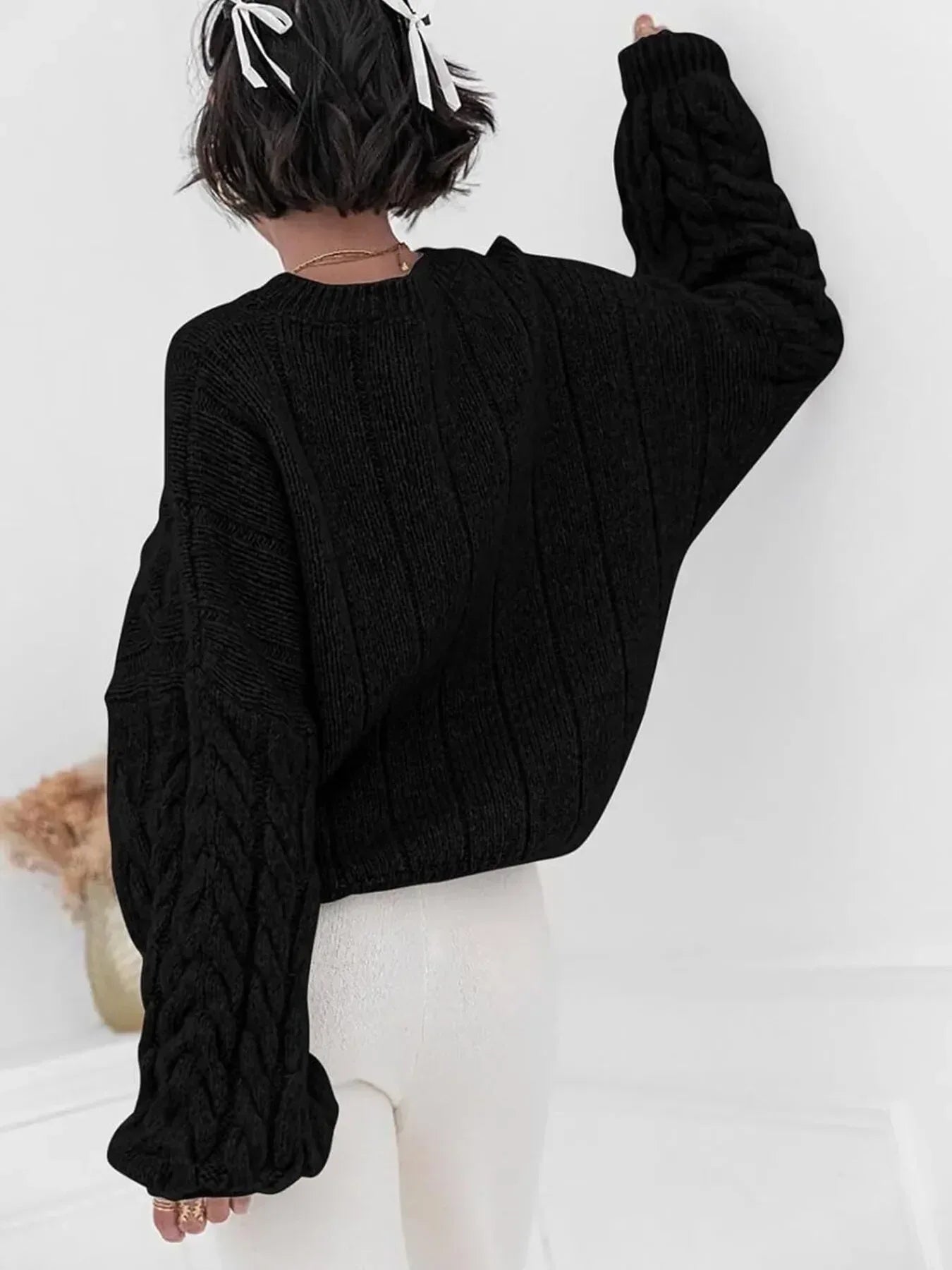 Cable Knit Long Sleeve Sweater - DAVERRI FASHIONS