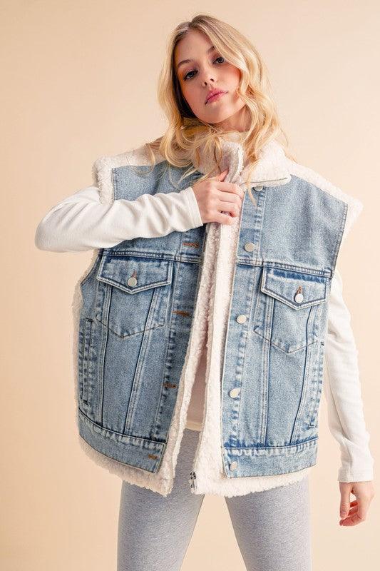 Aemi + Co Denim Patch Sherpa Vest Coat Jackets