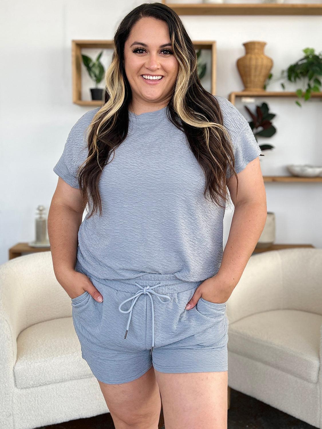 Double Take Full Size Texture Short Sleeve T-Shirt and Drawstring Shorts Set Outfit Sets