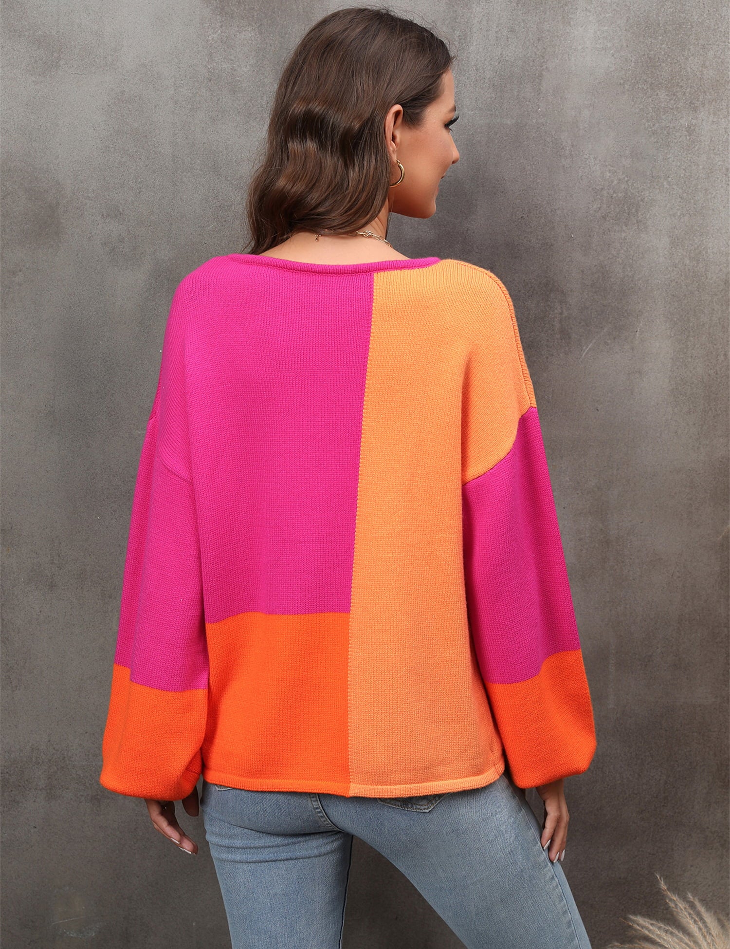 Angel Wings Color Block Round Neck Dropped Shoulder Sweater | Sweaters Daverri Fashions