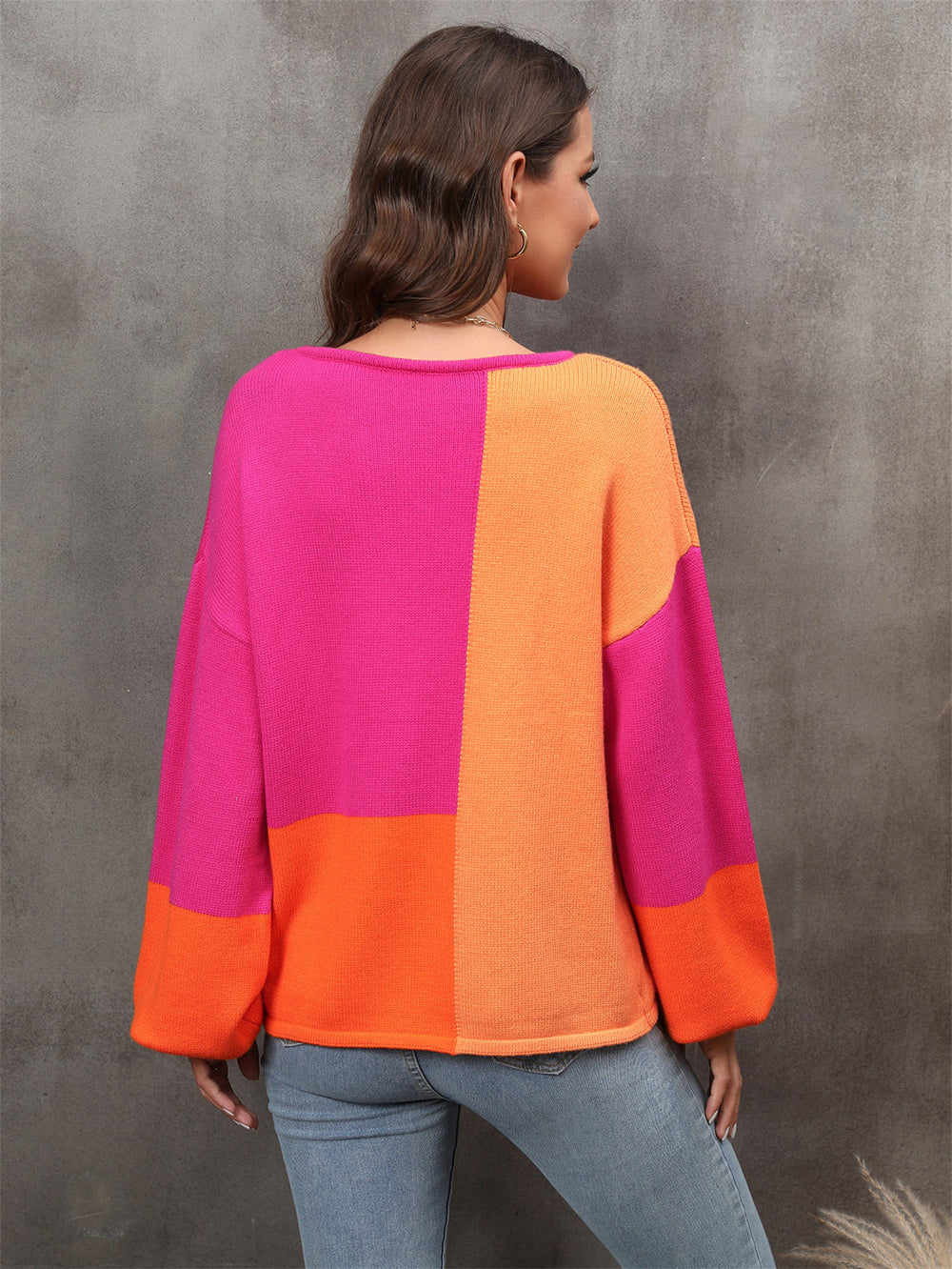 Angel Wings Color Block Round Neck Dropped Shoulder Sweater | Sweaters Daverri Fashions