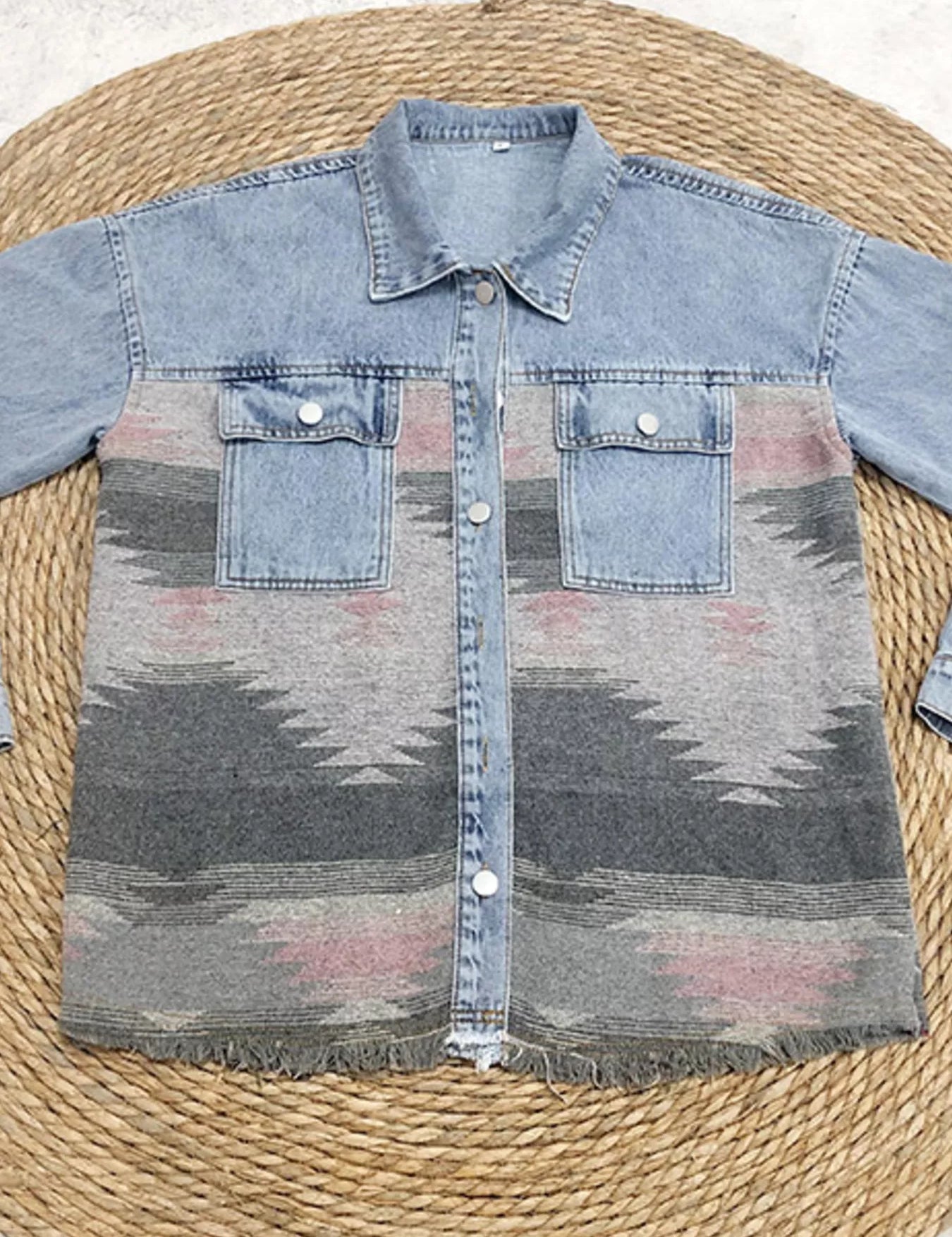Printed Botton Down Long Sleeve Denim Jacket | Denim Jackets Daverri Fashions