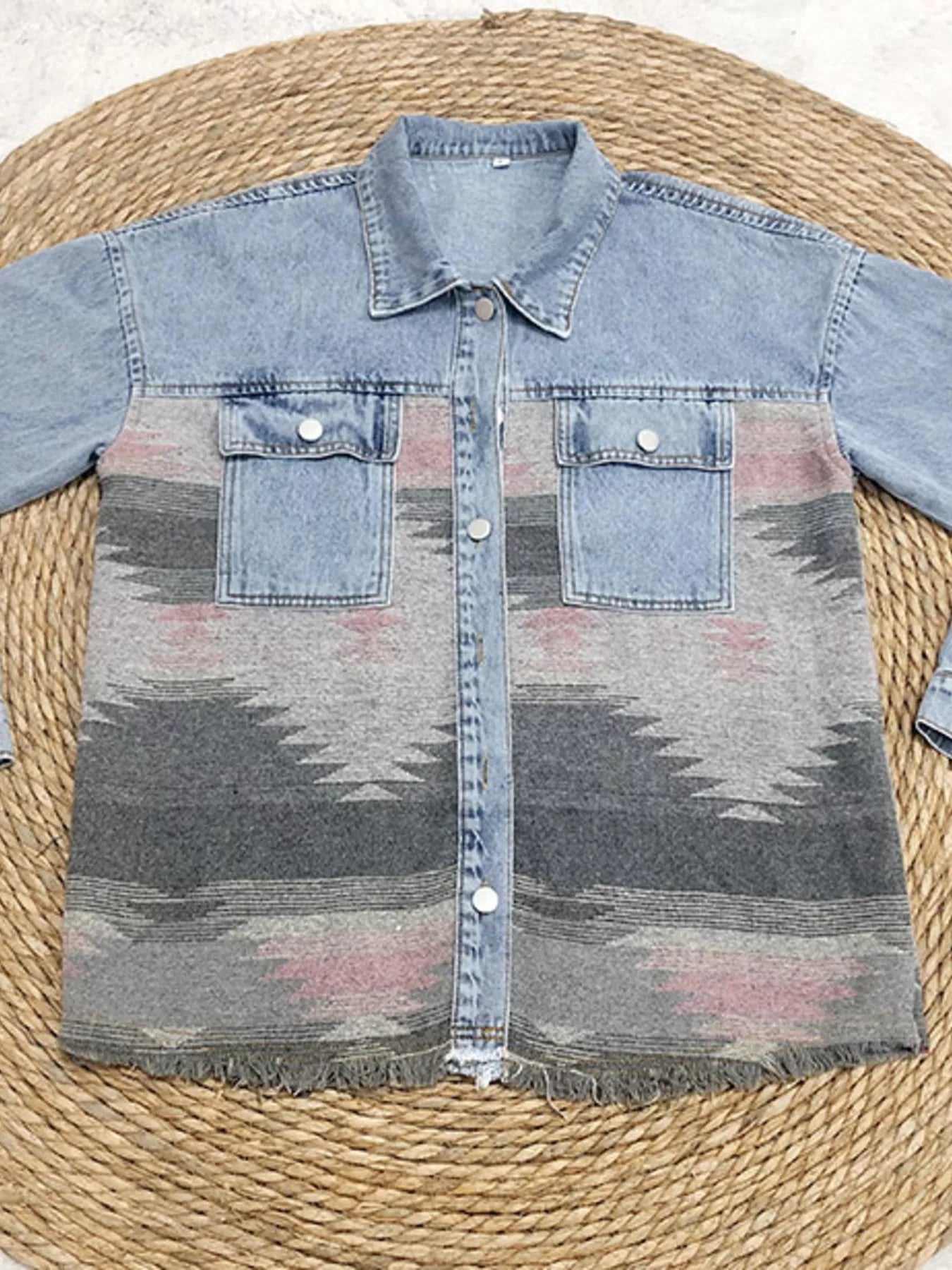 Printed Botton Down Long Sleeve Denim Jacket | Denim Jackets Daverri Fashions